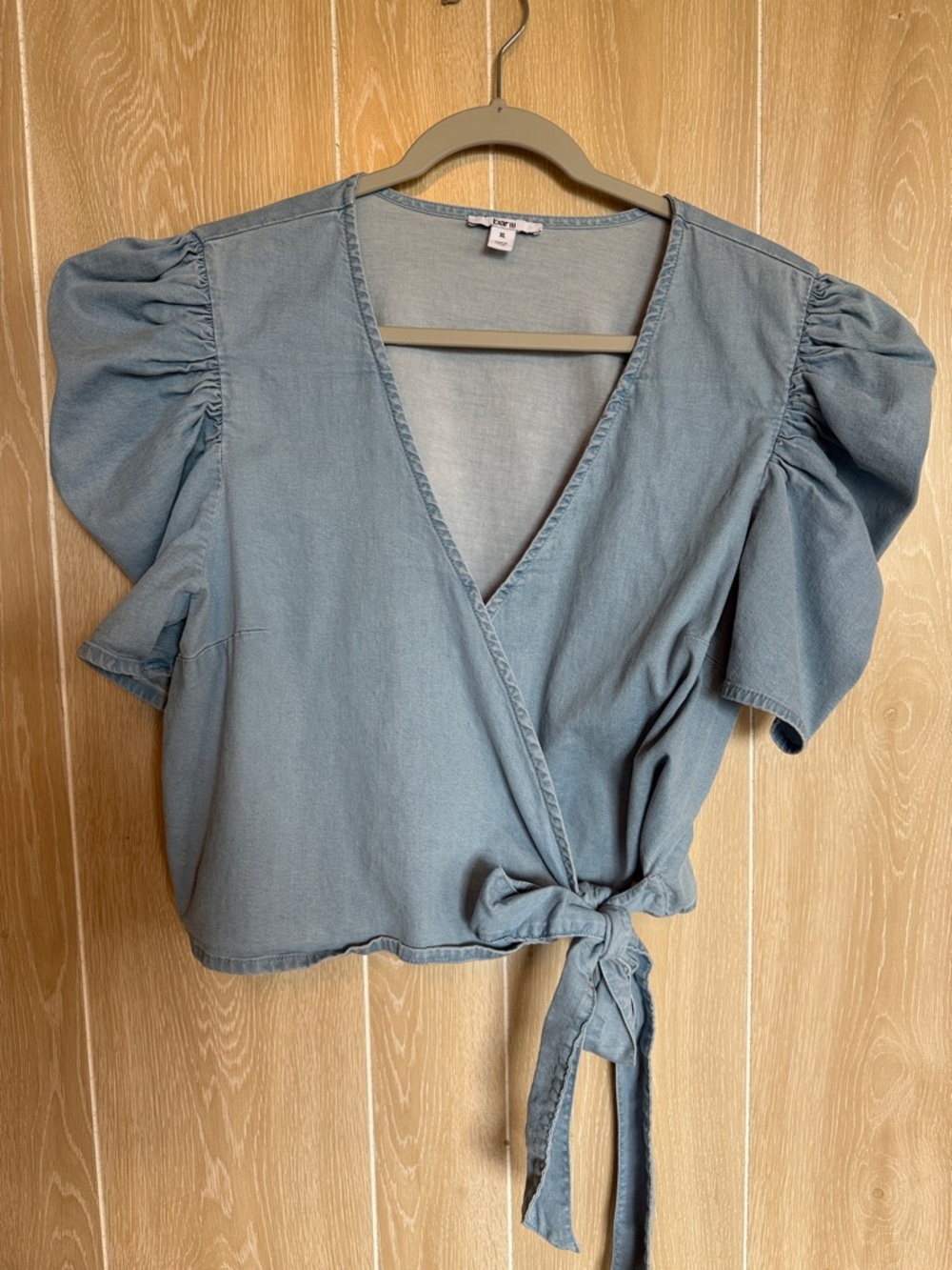 Chambray Wrap Puff-Sleeve Women's Top